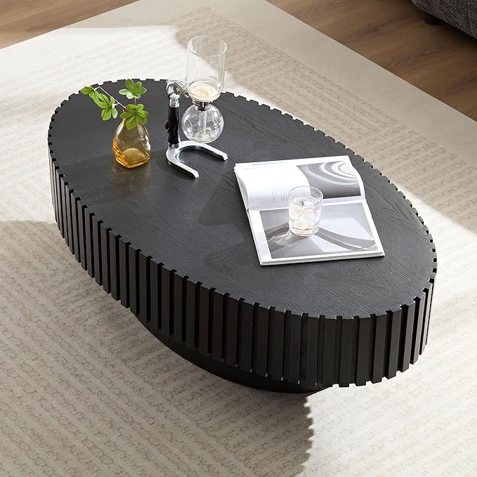 Oval Coffee Table for Living Room Pedestal Fluted Coffee Table Modern Handcrafted Centre Table for Apartment, Easy Assembly 43.7", Black