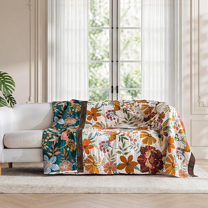 Boho Throw Blanket for Bed 100% Cotton Soft Breathable Quilt Floral Leaves Embroidery Home Decor Reversible Bed Spring Blankets,60"x80" All Season Twin Blankets for Sofa Couch Chair