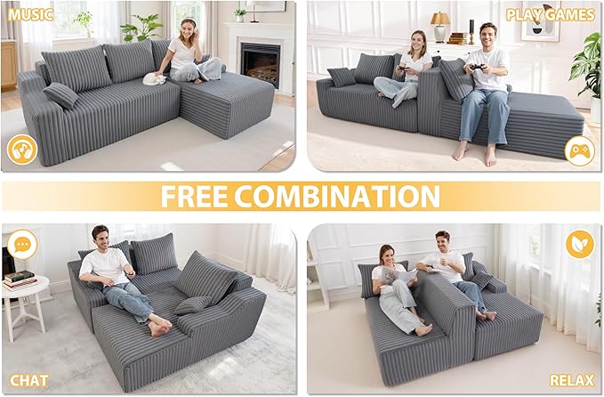 Homguava 94'' Cloud Sectional Couch, Modular L-Shape Couch with Chaise, Boneless Sofa with Deep Seat for Living Room Bedroom,No Assembly Required(Grey,Right Facing Chaise)