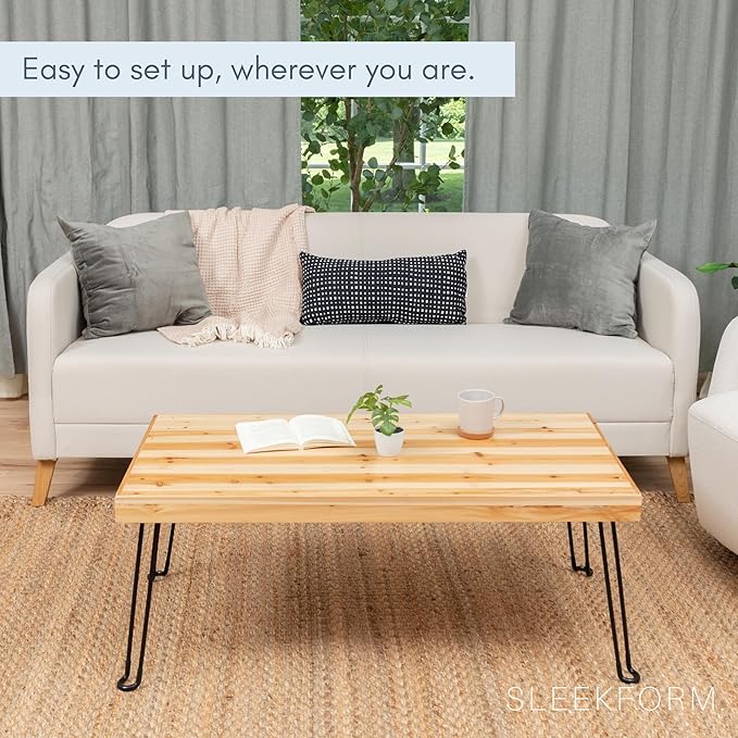 Sleekform Folding Wooden Coffee Table - Collapsible 20x40 Light Wood Mini Desk - Lightweight Foldable Coffee Table for Small Spaces - Fold Up Hairpin Legs - Birch Wood Finish