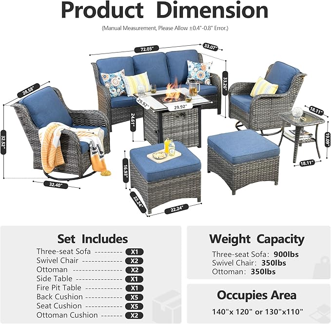HOOOWOOO Patio Furniture Set,7 Piece Outdoor Furniture Set with Fire Pit Table,Wicker Patio Conversation Couch Swivel Chairs Ottoman Set,Denim Blue