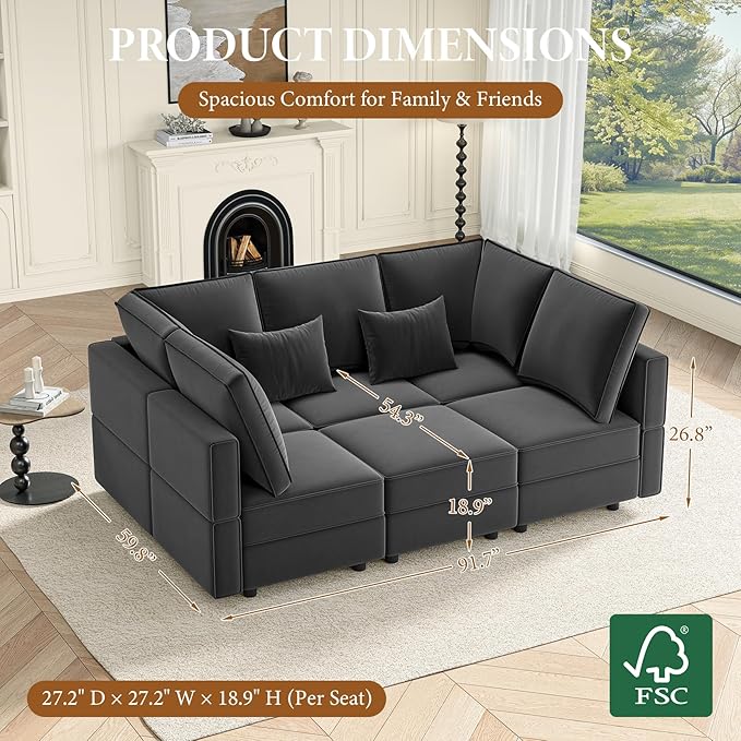Vesgantti Sectional Sleeper Sofas with Storage, 92" Sofa Bed with 6 Seats Storage Chaises Removeble Cover, Deep Seat Modular Couches Velvet Couch Set for Living Room, Apartment, Home Theatre, Grey