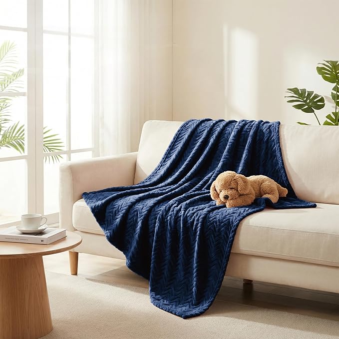Exclusivo Mezcla Twin Blanket for Bed, Cozy Lightweight Fleece Blankets for All Season, Decorative Giftable Fuzzy Plush Wave Textured Suitable for Women, Men, Navy Blue, 90x66 Inches