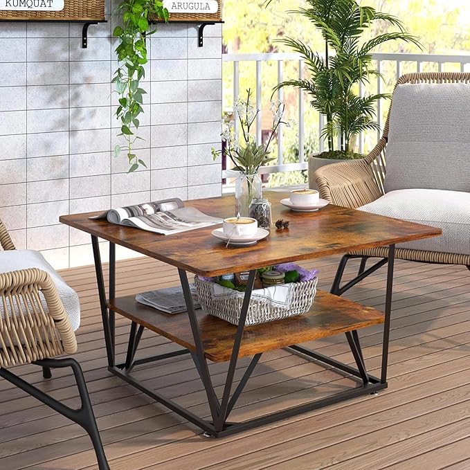 Elephance Square Coffee Table with 2-Tier Storage, 31.5 Inch Modern Tea Table for Living Room, Caramel Brown Wooden Tabletop-Almond with Black Frame