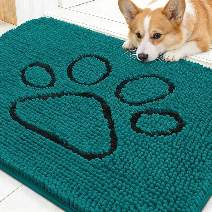 OLANLY Dog Door Mat for Muddy Paws 30x20, Paw Print Design, Absorbs Moisture and Dirt, Absorbent Non-Slip Washable Doormat, Quick Dry Chenille Mud Mat for Dogs, Entry Indoor Entryway Carpet, Lake Blue by OLANLY