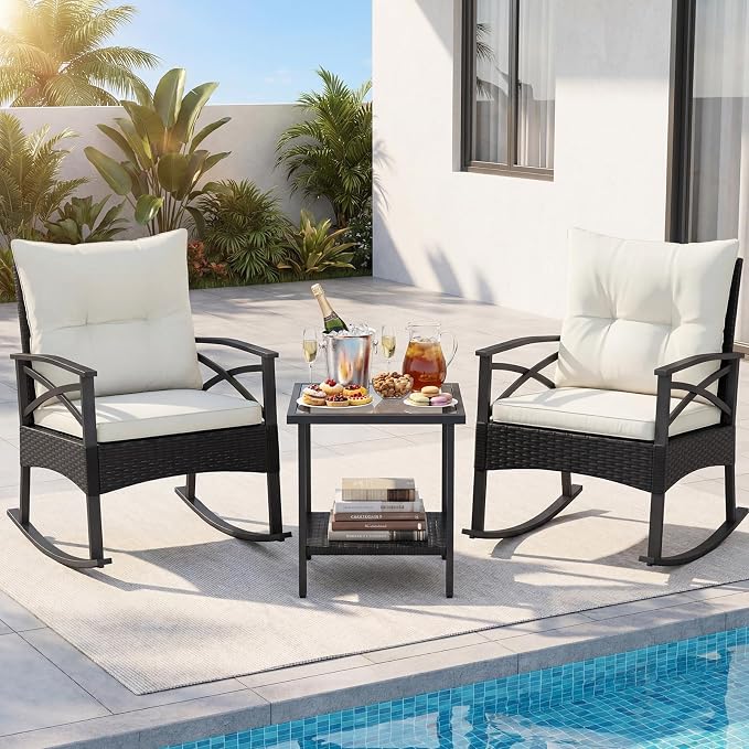 Tangkula 3 Pieces Outdoor Rocking Chairs Set, Rattan Heavy Duty Cushioned Rocker Chairs with 2-Tier Tempered Glass Coffee Table, for Garden, Balcony, Backyard (Black+Beige) - Image 3