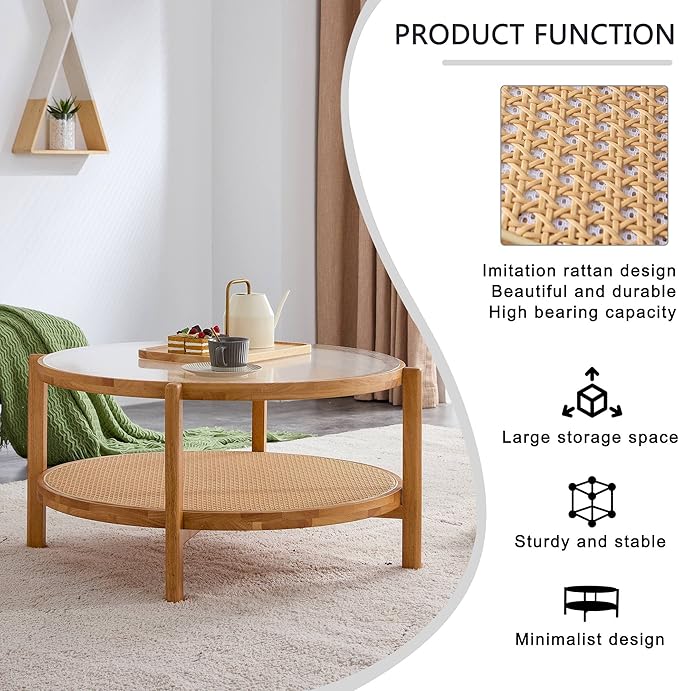 Mid Century Modern Coffee Table with Glass Top and PE Rattan Storage Shelf, 2-Tier 35 Inch Solid Wood Round Boho Coffe Table, Unique Center Table for Livinig Room Apartment Small Space