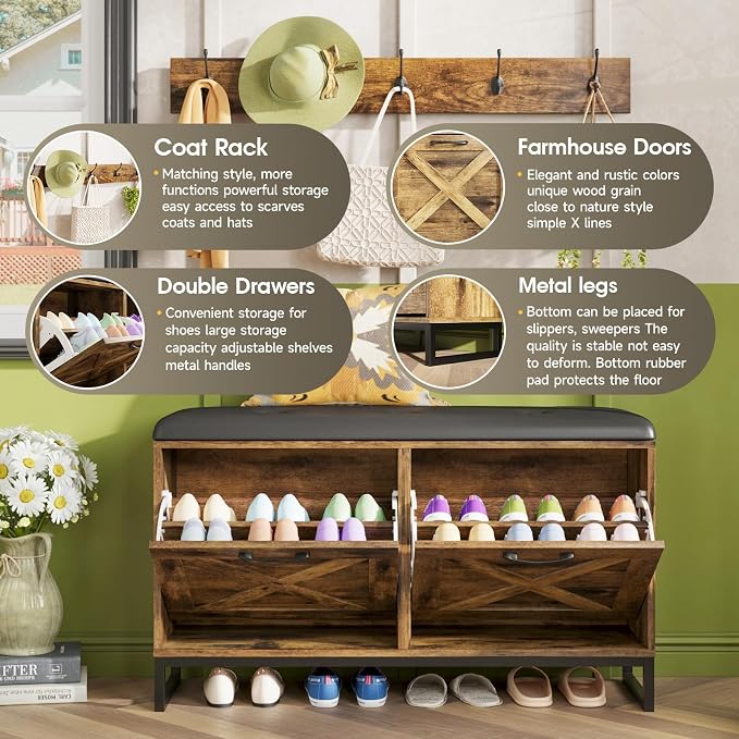 Maupvit Shoe Cabinet with 2 Flip Drawers & Coat Rack, Shoe Storage Bench with Seat Cushion for Entryway, 5 Large Sturdy Metal Hooks - with Locking Wall Parts, Farmhouse Brown - Image 3
