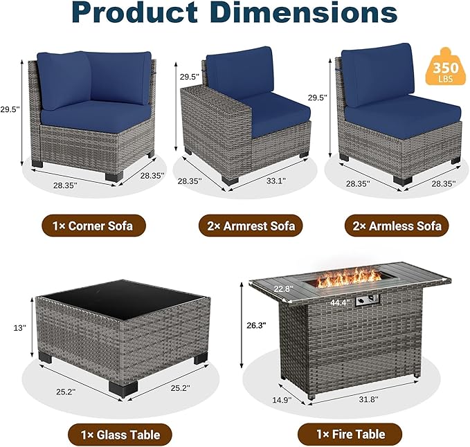 13 Piece Patio Furniture Set with Fire Pit Table, Outdoor Conversation Sets Grey Wicker Rattan Sectional Sofa, 4'' Thickened Cushion Navy Blue