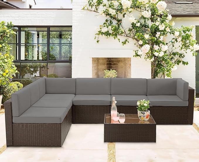 U-MAX 7 Piece Outdoor Patio Furniture Set, PE Rattan Patio Brown Wicker Sectional Furniture Chair Set with Cushions and Tea Table, Brown Rattan and Dark Grey Cushion