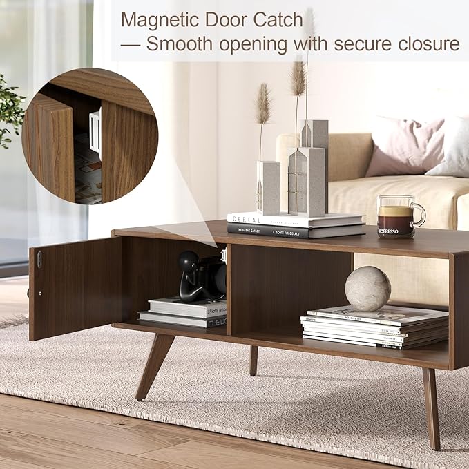 Manora Mid Century Modern Coffee Table with Storage Cabinet and Open Shelf, Wooden Living Room Table with Fluted Drawer and Solid Wood Legs, Walnut Finish Center Table for Small Spaces
