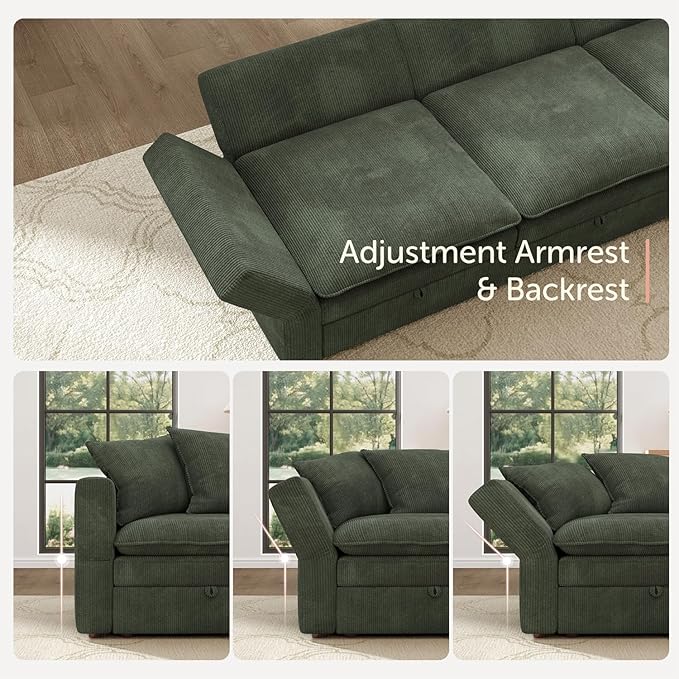HONBAY Modular Sectional Sofa with Ottoman, 7 Seat U Shaped Couch with Storage & Pillows, 137 Inch Oversized Sectional Sofa for Living Room, Green