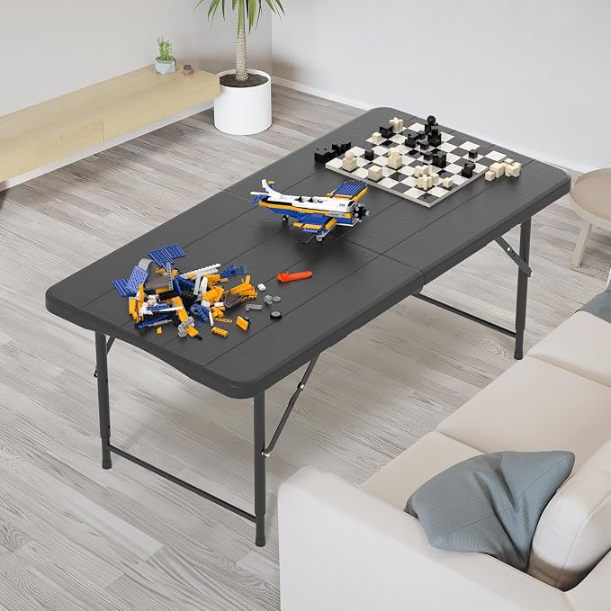 VINGLI 4 FT Plastic Folding Camping Table,3-Level Adjustable Height, Portable in/Outdoor Party Picnic Dining Desk,Off-White Garden Soccer Multipurpose Entertaining Activities, Black - Image 2