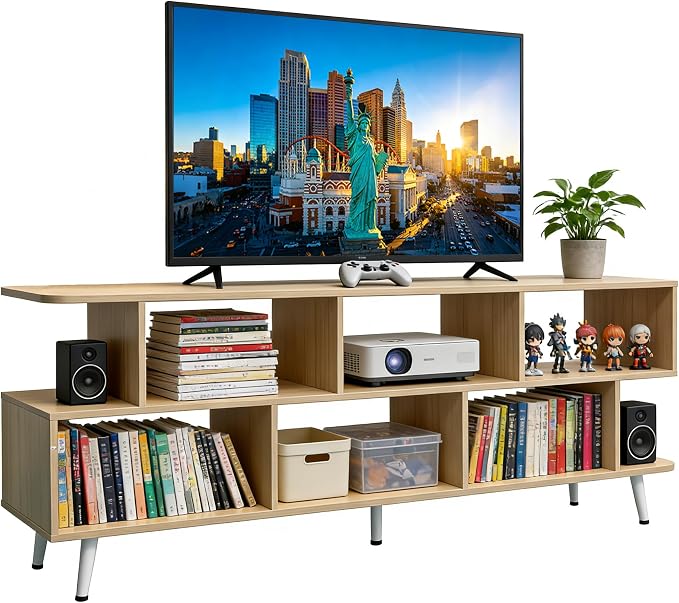 65" Walnut TV Stand with Power Outlet, Large Media Console Table for TVs up to 75" with 8 Open Shelves, Entertainment Center for Living Room/Entrance/Kitchen/Sofa Cabinet, Easy Assembly by ACOHOOKCommittedToProvidingCost-EffectiveProductsQualityServices