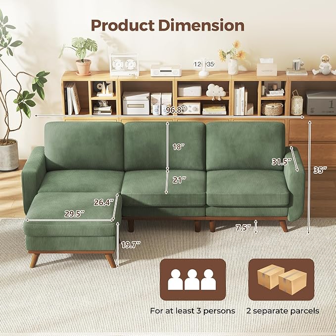 97" Green Corduroy Modular Sectional Sofa, L-Shaped Couch with Movable Ottoman & Spring Cushion, Deep Seat Modular Sofa for Living Room Bedroom Apartment