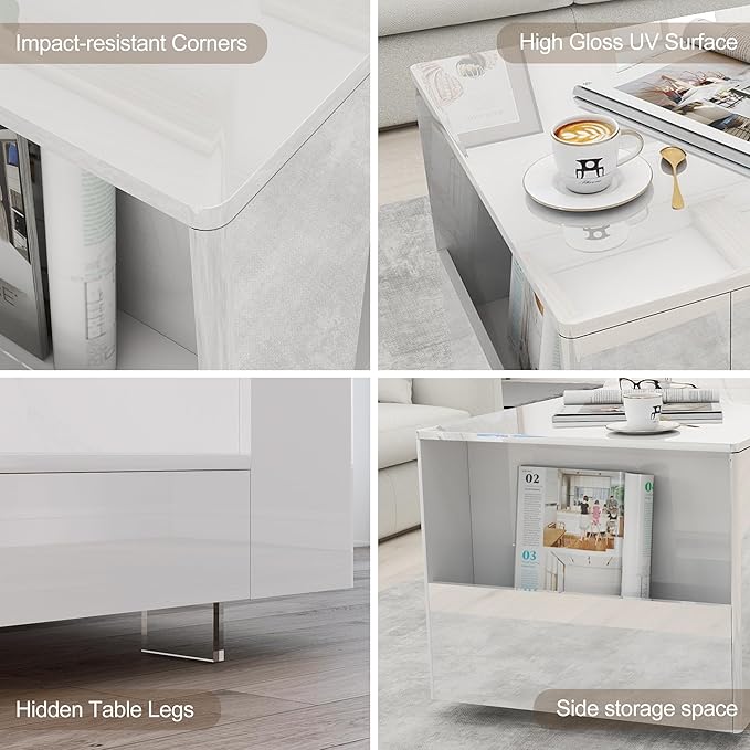 35" High Gloss Wood Coffee Table for Living Room, Sides Storage with Transparent Legs, Modern 2-Tier Storage Shelf Center Table for Home Office, Apartment, White