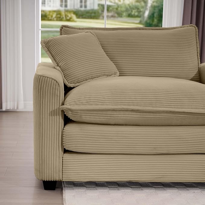 KEIKI 115" Oversized Corduroy Modular Sectional Sofa with 3 Ottoman, High-Density Foam Cushions, Removable Armrests, Upholstered 3-Seater Fluffy Corner Couch with 5 Pillow, for Living Room, Tan