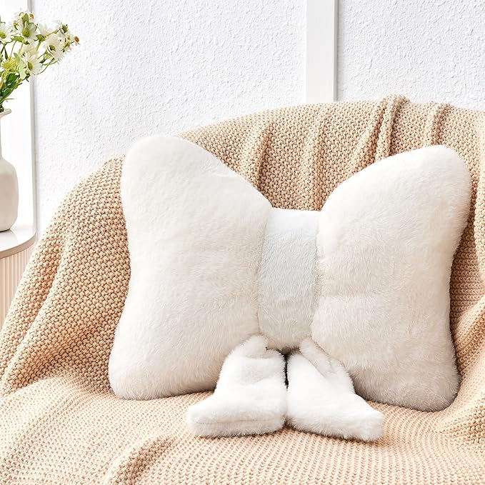 Ivory Bow Pillow,16'' Bow Decorative Pillows with Faux Rabbit Fur,Soft Bow Throw Pillows Aesthetic Bow Shaped Pillow for Bed Sofa Couch Home Decor
