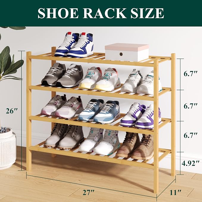 Smiry Bamboo Shoe Rack for Closet, 4 Tier Wooden Stackable Shoe Organizer, Free Standing Shoes Storage Shelf for Entryway, Front Door Entrance, Natural - Image 2