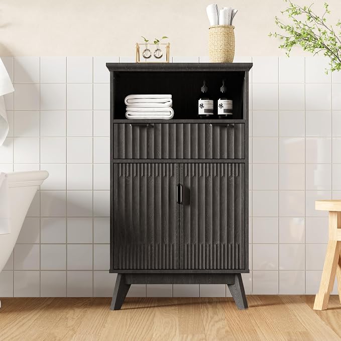 Fatmok Buffet Cabinet with Storage, 40" Modern Fluted Coffee Bar Cabinet with Drawer & Open Shelf, Wood Buffet Sideboard Console Table for Entryway, Kitchen, Living Room (Black) - Image 7