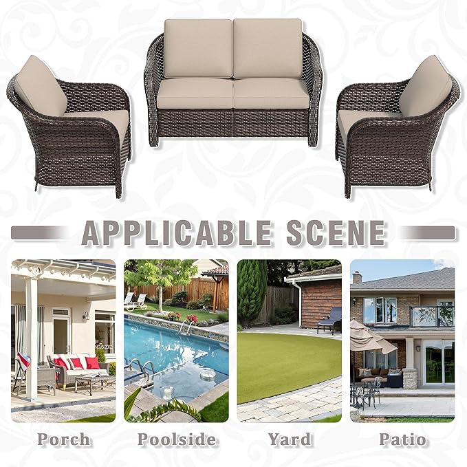 3 Piece Patio Wicker Conversation Set, All-Weather Use Outdoor Wicker Loveseat with 2 PE Rattan Chair, Ideal for Porch, Backyard, Balcony, Poolside, Beige
