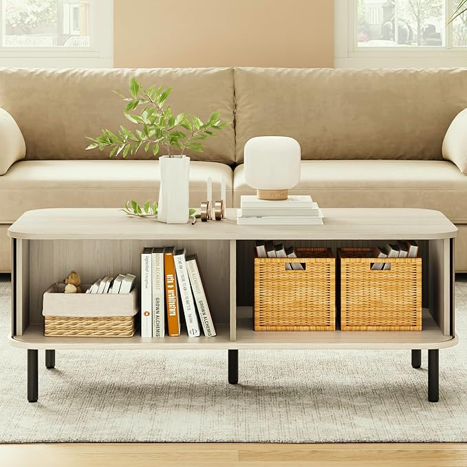 ONBRILL Coffee Table with Storage, 47.2" Mid Century Modern Coffee Tables for Living Room, Rectangle Wood Center Table with Sliding Tambour Door & Adjustable Leg for Living Room, Natural White