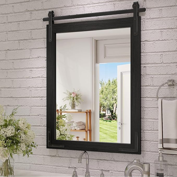 Farmhouse Bathroom Mirror, 18x26 Inch Black Wood Framed Rustic Vanity Mirrors for Wall, Rectangular Wall Decor Mirrors for Bedroom Living Room Entryway by JIINGYO