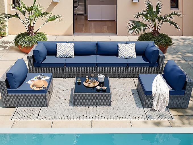 SUNLEI 7 PCS Rattan Patio Furniture Set with Glass Table & Washable Cushions, Conversation Patio Front Porch Furniture Set with Non-Slip and Thickened Cushion (Silver/Dark Blue)
