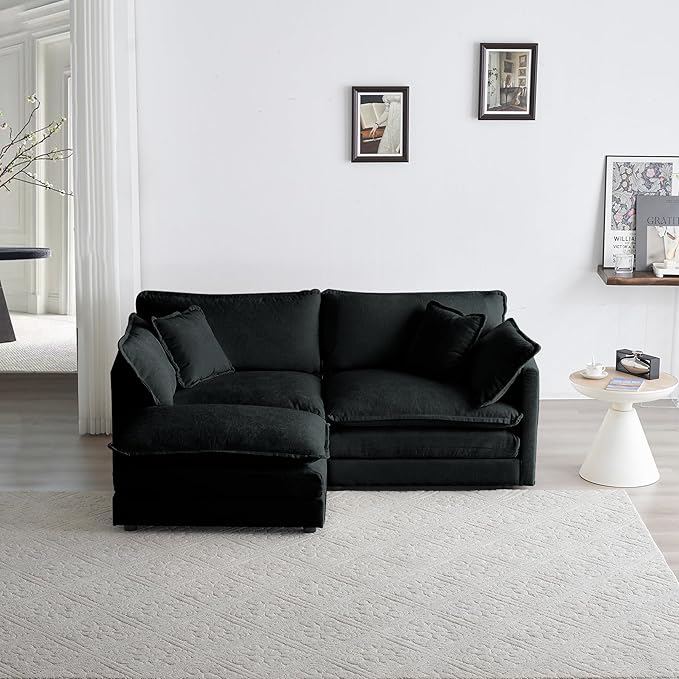 KEIKI Loveseat Sofa, Upholstered 2 Seater Couch with 1 Footrest, Oversized L-Shaped Sectional Sofa with Ottoman for Living Room Bedroom Office, Black