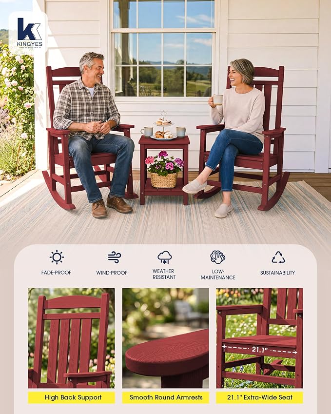 KINGYES Oversized Outdoor Rocking Chair Set of 2, HDPE Patio Rocking Chairs with 330lbs Support for Adults, Dark Red - Image 6