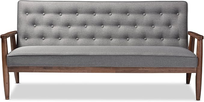 Baxton Studio Sorrento Mid-Century Retro Modern Fabric Upholstered Wooden 3-Seater Sofa, Grey 70.59 x 29.45 x 32.96