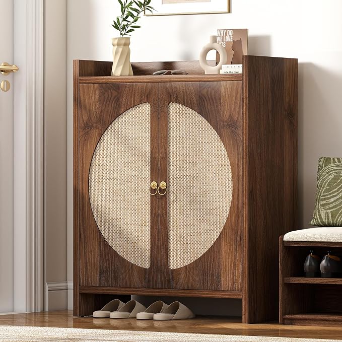 Shoe Cabinet Storage for Entryway - Rattan Entry Way Shoe Storage Cabinet with Adjustable Shelves, Wood Shoe Organizer Cabinet, Accent Cabinet with Doors for Entrance Hallway Living Room Foyer by Curlaky
