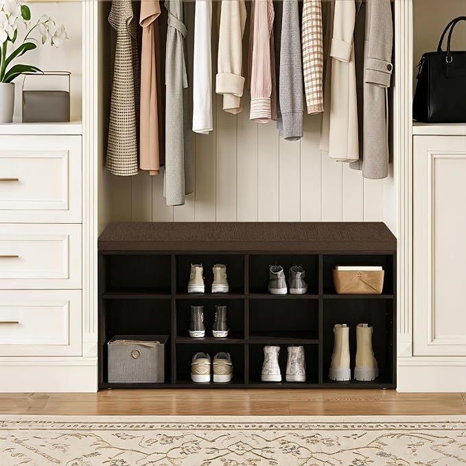 DINZI LVJ Shoe Storage Bench with Cushion, Cubby Shoe Rack with 12 Cubbies, Adjustable Shelves, Multifunctional Shoe Organizer Bench for Entryway, Mudroom, Hallway, Closet and Garage, Espresso - Image 7