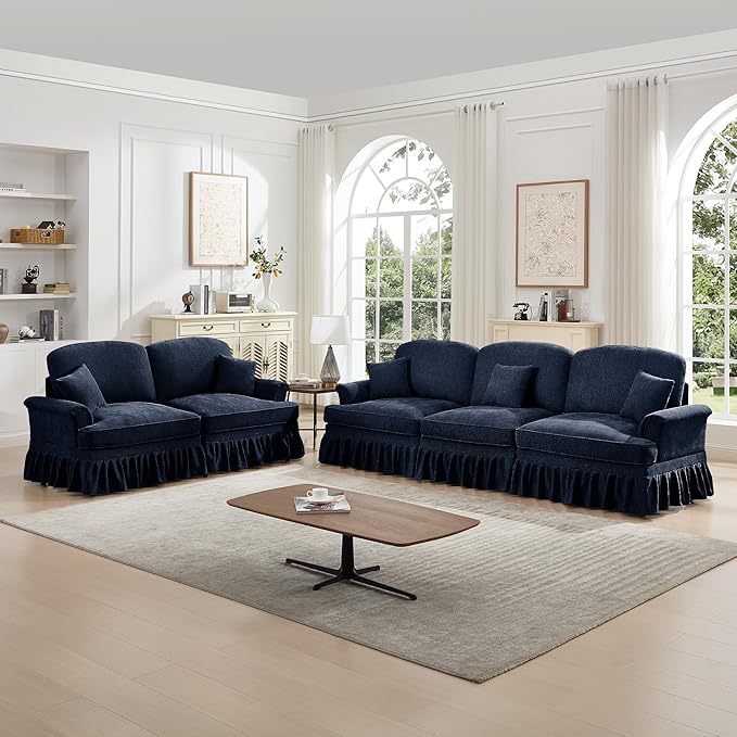 KEIKI Mid Century Modular Sofa with Flared Arms and Skirted Design, 107” Oversized 3-Seater Loveseat Chenille Sectional Couches Set for Living Room, Comfy Sofa and Loveseat Furniture Set, Blue