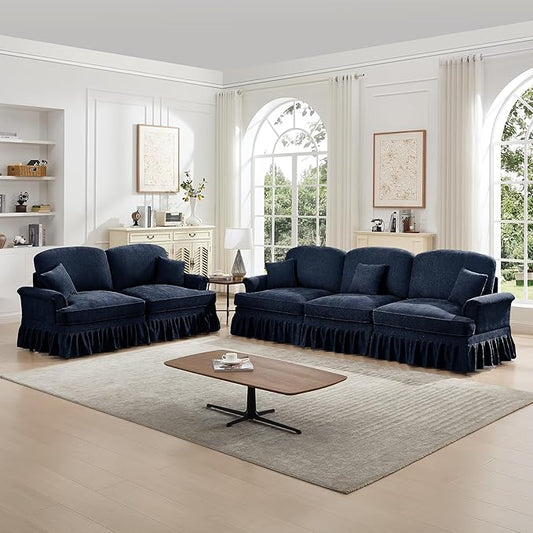 KEIKI Mid Century Modular Sofa with Flared Arms and Skirted Design, 107” Oversized 3-Seater Loveseat Chenille Sectional Couches Set for Living Room, Comfy Sofa and Loveseat Furniture Set, Blue