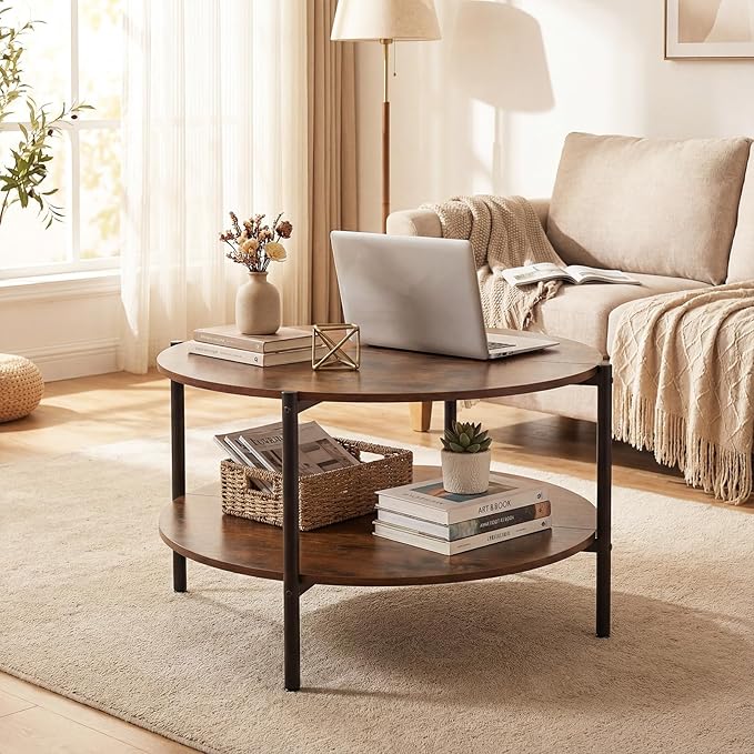 Giantex Round Coffee Table, 33.5" Small Center Table with Open Storage Shelf and Heavy-Duty Metal Frame, 2-Tier Wood Cocktail Accent Table, Living Room Tables for Small Spaces, Rustic Brown