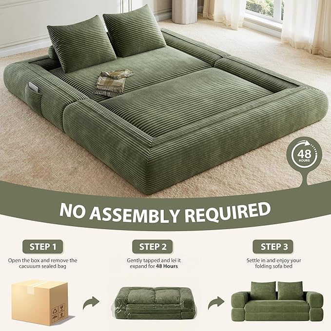 4-in-1 Convertible Folding Sofa Bed, 76 Inch Queen Size Foldable Sleeper Sofa Bed, Wide Corduroy Upholstery, Boneless Mattress Couch with Armrests & Neck Pillow for Living/Bedroom - Green