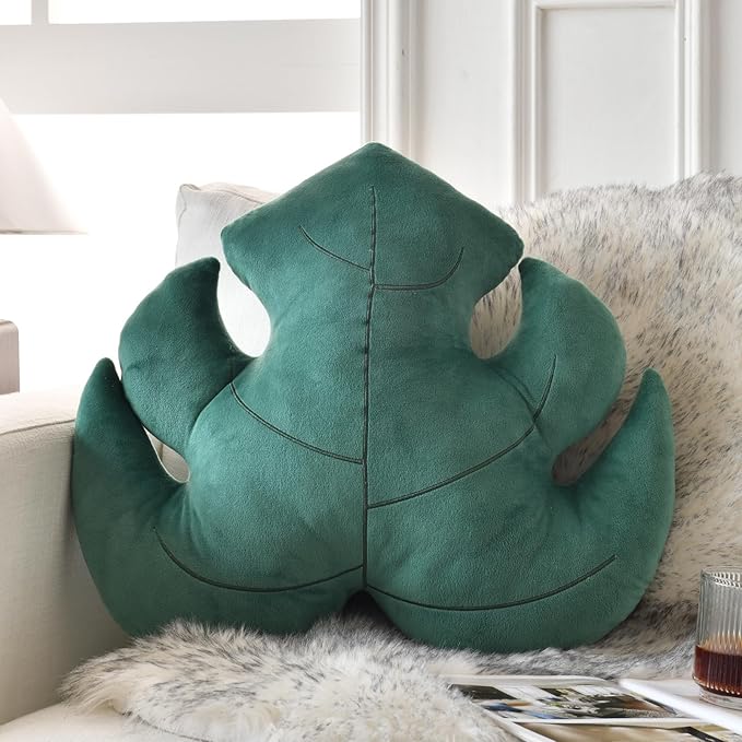 19.6 Inch Dark Green Leaf-Shaped Cotton Fill Decorative Throw Pillow for Bed Couch, Nature-Inspired Leaf Pillow