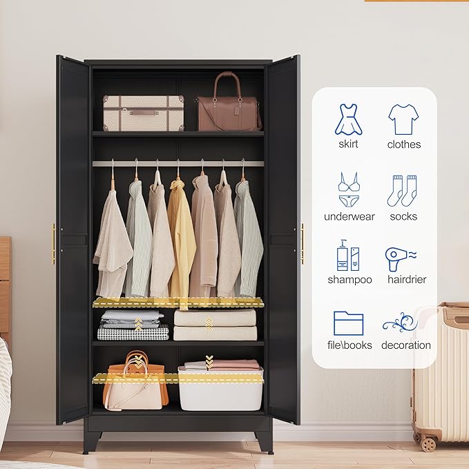 GAIOUS Metal Wardrobe Cabinet with Mirror and Hanging Rod, 71" Metal Clothing Storage Cabinets with 2 Doors and Adjustable Shelves, Black Armoire Wardrobe Closet for Bedroom, Laundry Room, Cloak Room