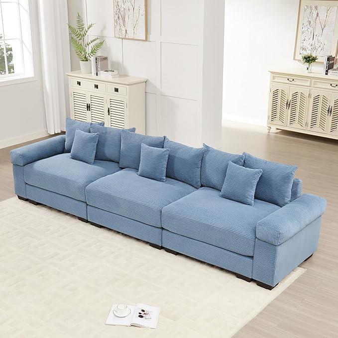 KEIKI 130" Oversized Corduroy Modular Cloud Sectional Sofa with High-Density Foam Cushions, Extra-Thick Armrest, Upholstered Modern 3-Seater Fluffy Corner Couch with 9 Pillow, for Living Room, Blue