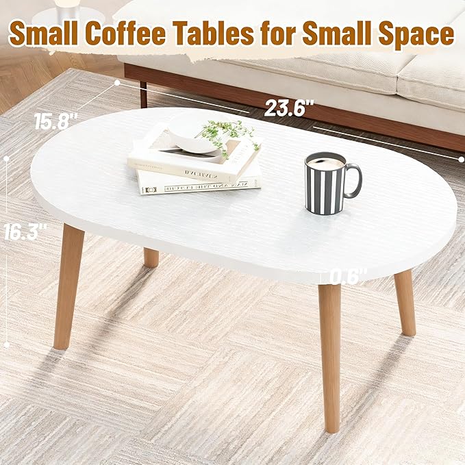 Coffee Table Low Table with 4 Solid Wood Leg, Floor Table Desk for Sitting on The Floor, Small Oval Coffee Table for Small Space, Side Table Japanese Coffee Table for Living Room Apartment Home, White