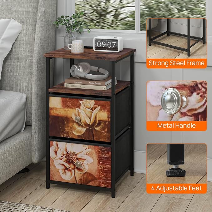 nightstand Set of 2 with Charging Station, LED BedsideTable w/USB Ports & Outlets,End Table w/2 Fabric Drawers and Open Shelf, Black Steel Frame for Living Room, Bedroom, Rustic Style - Image 4