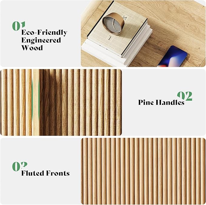 AMERLIFE Fluted Night Stand Set 2 with Storage Drawers, Modern Small Nightstand & Bedside Table with Open Shelf, Curved Profile Design & Pine Handles, Wood End Table for Bedroom, Oak - Image 5