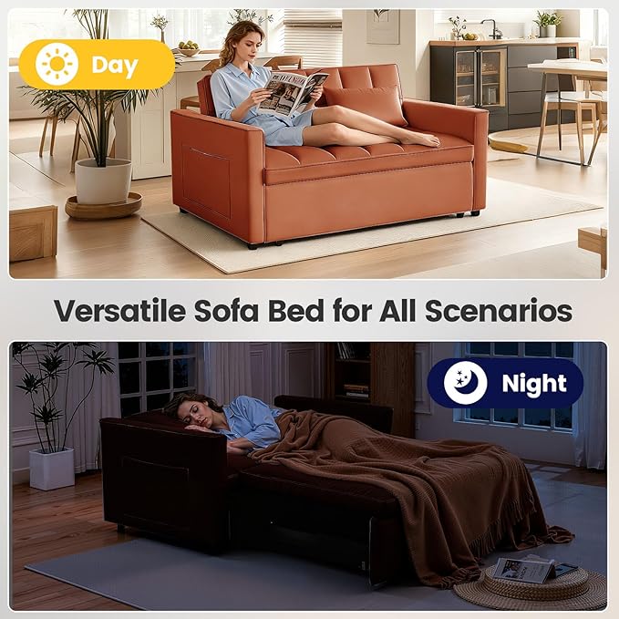 3 in 1 Convertible Sofa Bed, Velvet Fabric Loveseat Sleeper Couch, Modern Pull Out Couch with Side Pockets, Sleeper Sofa Bed with Adjustable Backrest for Living Room, Camel