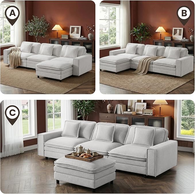 Modular Sectional Sofa 107", Comfy Cloud Couch with Ottoman, Deep 4-Seat L Shaped Modular Sofa, Couches with Throw Pillows for Living Room, Beige