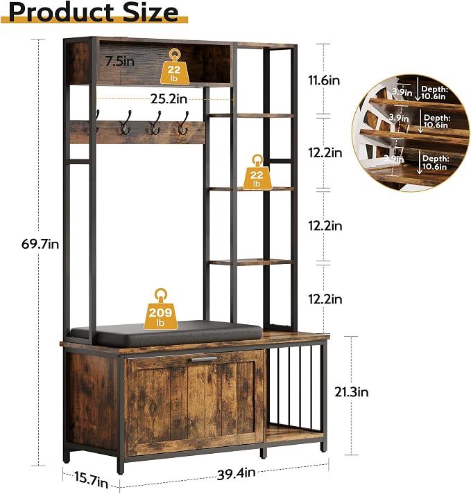 Hall Tree Coat Rack, Hall Tree With Bench and Shoe Storage Shoe With, Mud Room Storage Furniture，39.37 X 15.74 X 69.69 Inches, Brown - Image 3