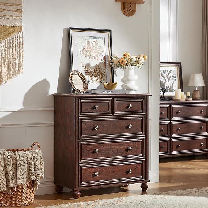 RWYHG Farmhouse 5 Drawer Dresser for Bedroom, 35.5" Walnut Tall Small Dressers & Chest of Drawers, Rustic Wood Dresser with Roman Column, Storage Organizer for Living Room, Hallway, Closet - Image 3