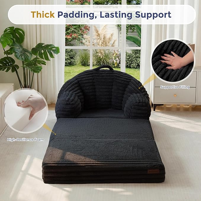 MAXYOYO Folding Sofa Bed, 2 in 1 Convertible Sofa to Lounger Comfy Faux Fur Bean Bag Chair for Adults, Floor Single Sleeper Couch Chair with Handle, Couch Bed for Living Room Bedroom, Black