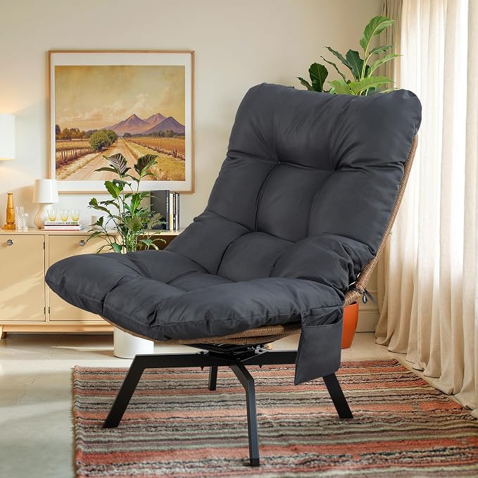 Vongrasig Swivel Wicker Chair PE Rattan Chair with Cushion, Oversized Patio Lounge Chair for Outdoor, Indoor, Balcony, Backyard, Garden, Living Room, Black - Image 3