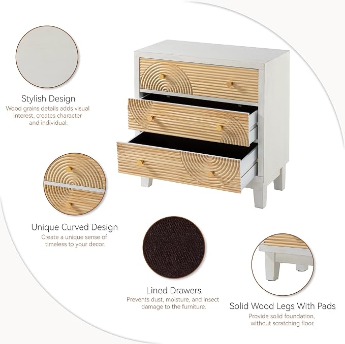 COZAYH 3-Drawer White Dresser X2 with Handicraft Wood Ring Motif, Fully Assembled Nightstand Wooden Finish for Boho, Mid-Century, Natural Wood, Rustic Style - Image 5